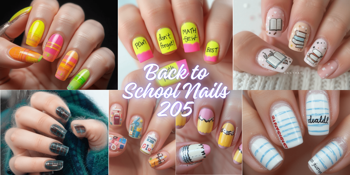 HD image of trendy back to school nails with sticky notes and doodle icons