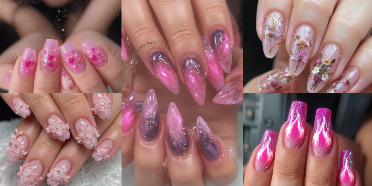 Pastel pink nails with floral designs